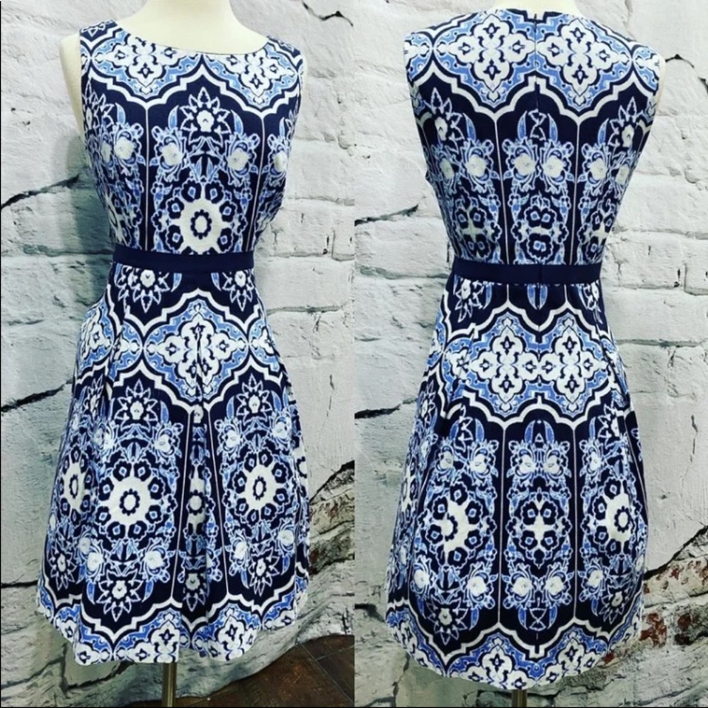 Talbots Navy & White Pleated Dress w Pockets 👗  Business casual